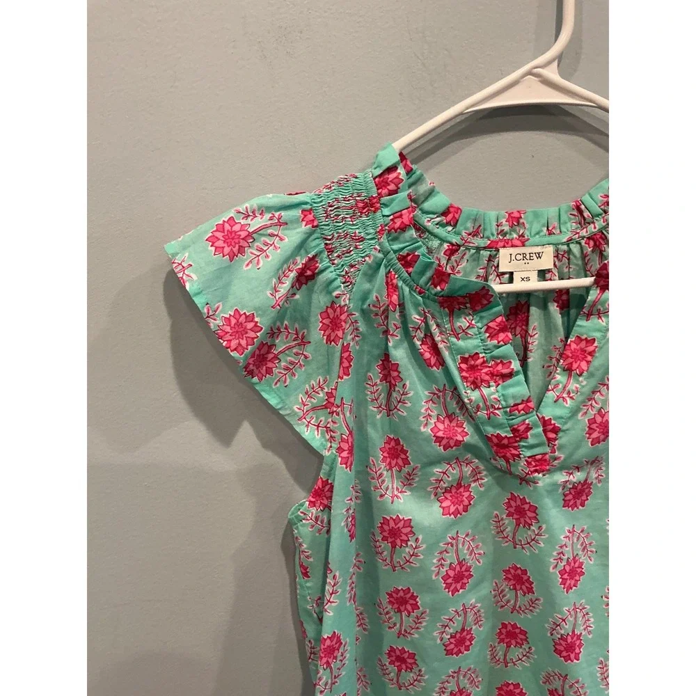 J Crew Womens Flutter Sleeve Cotton Poplin Top Teal Blue Preppy Summer Beach XS